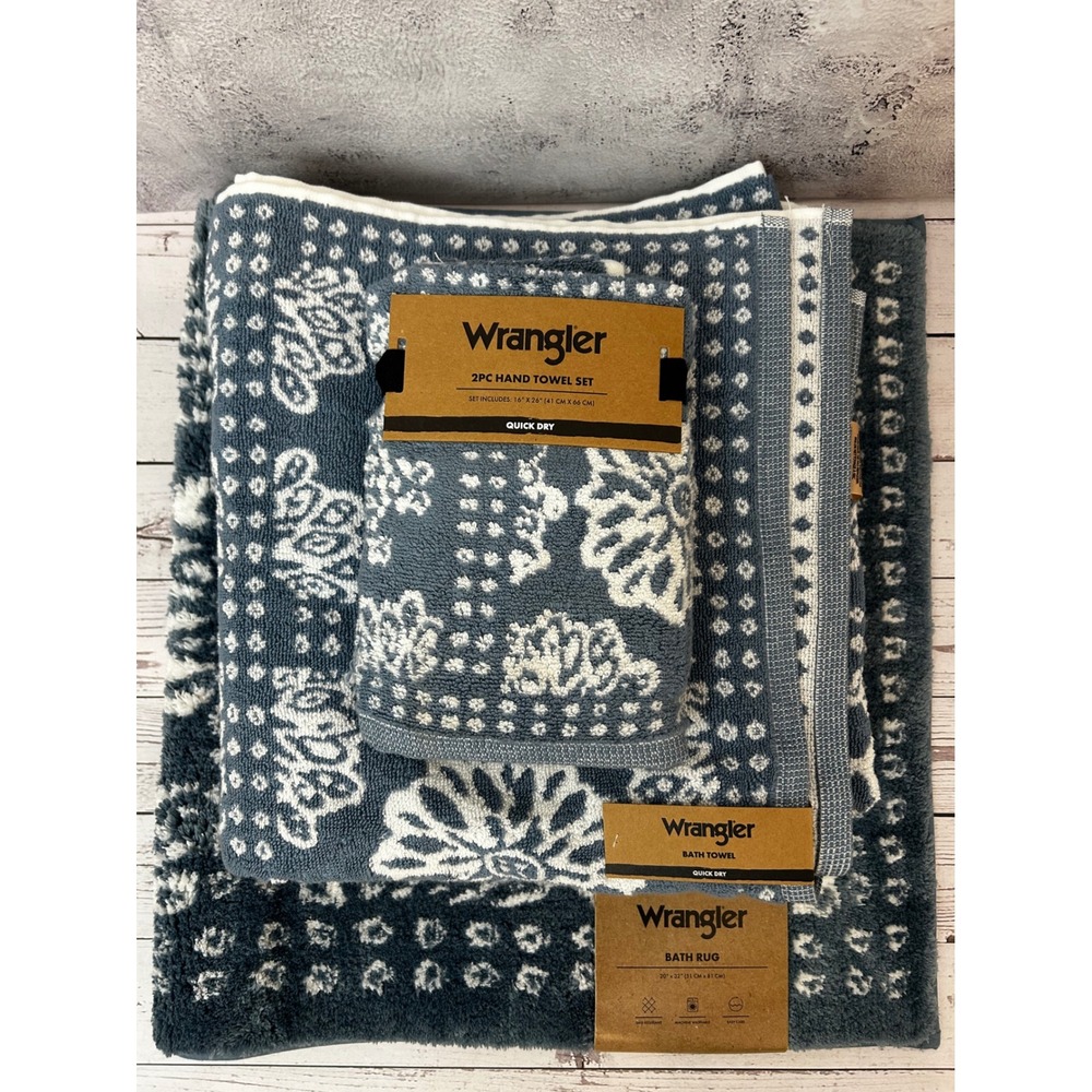 Wrangler 5PC Bath Set Blue White Floral Rug 2 Bath Towels 2Hand Towels Quick Dry